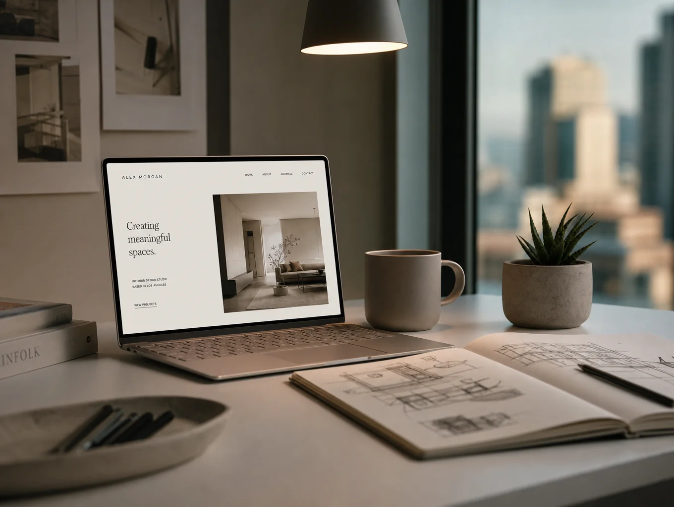 Modern creative studio workspace with laptop and coffee